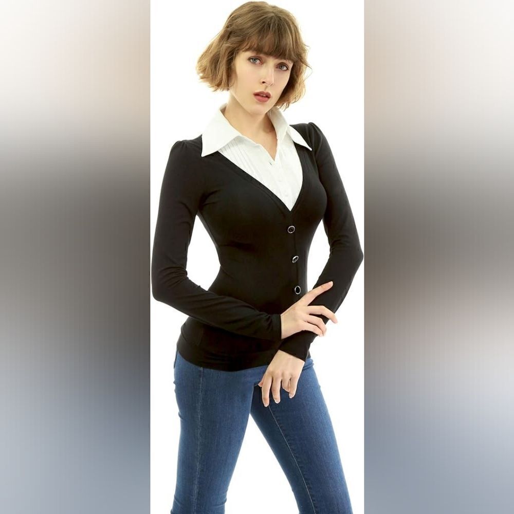 AmélieBoutik Women Shirt Collar Pleated 2 in 1 Style Pullover Blouse Top Black S